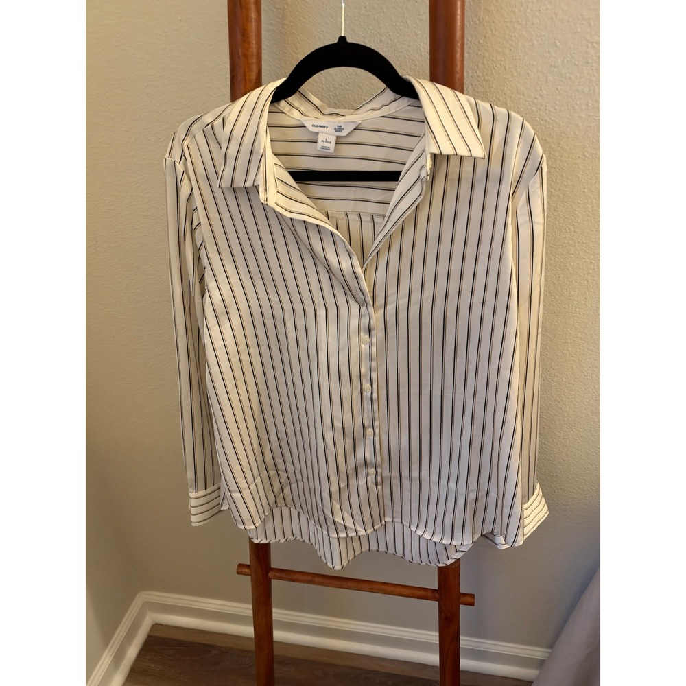 Old Navy The Classic Shirt Womens Large Petite Cream Black Tan Striped Button Up